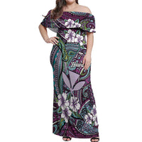 Personalised Hawaii Tribal Humpback Whale Off Shoulder Maxi Dress Poni Hibiscus Seamless Pattern LT9 Women Purple - Polynesian Pride