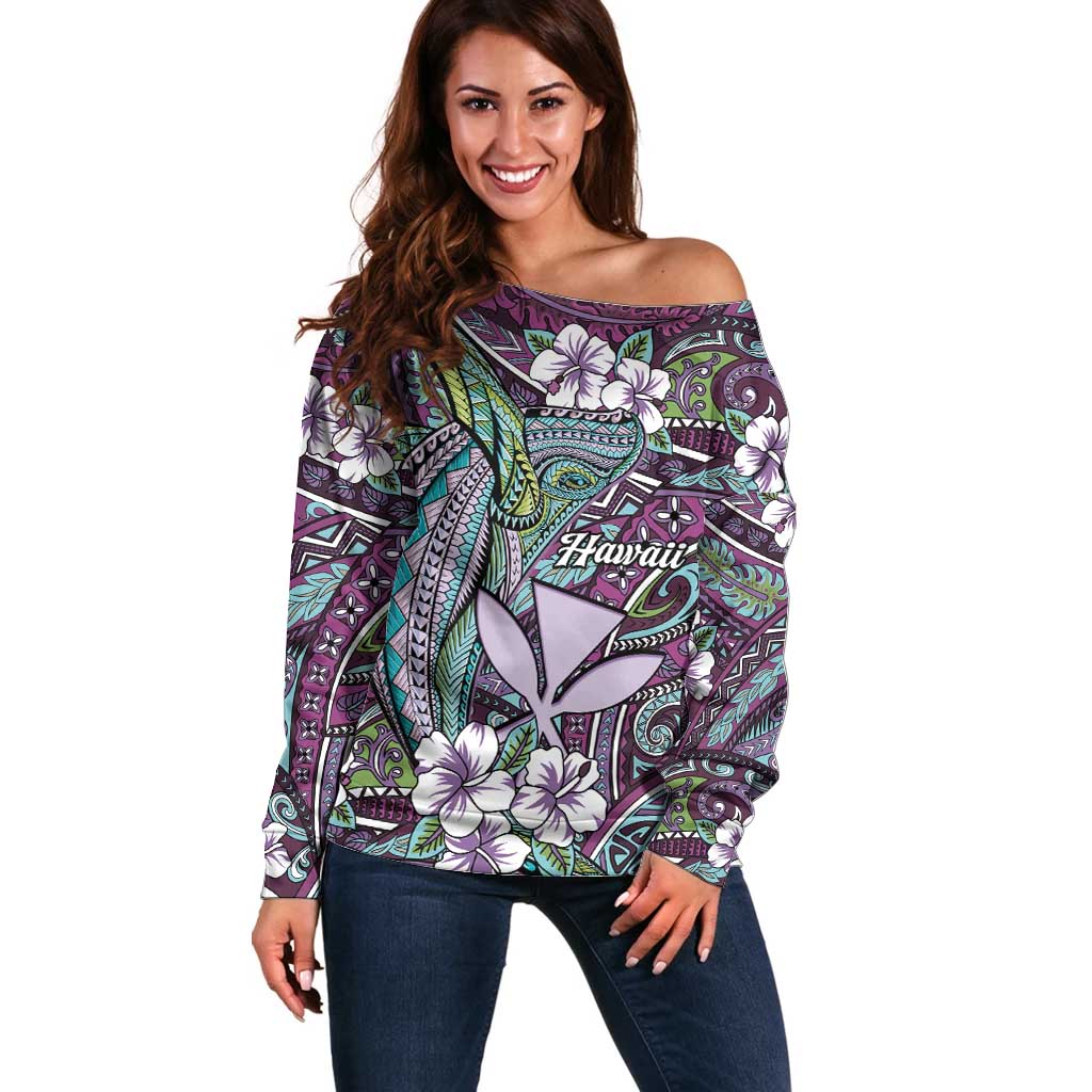 Personalised Hawaii Tribal Humpback Whale Off Shoulder Sweater Poni Hibiscus Seamless Pattern