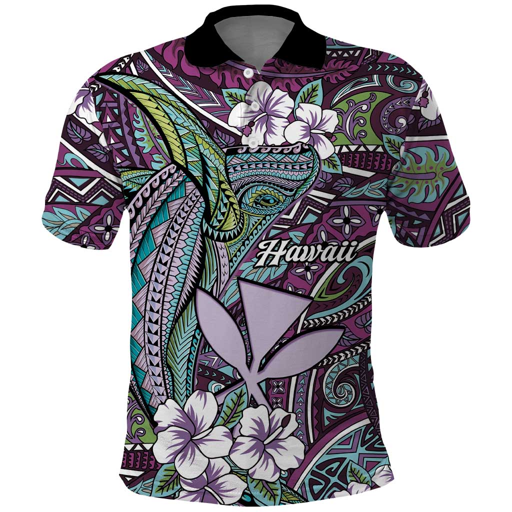 Personalised Hawaii Tribal Humpback Whale Polo Shirt Poni Hibiscus Seamless Pattern