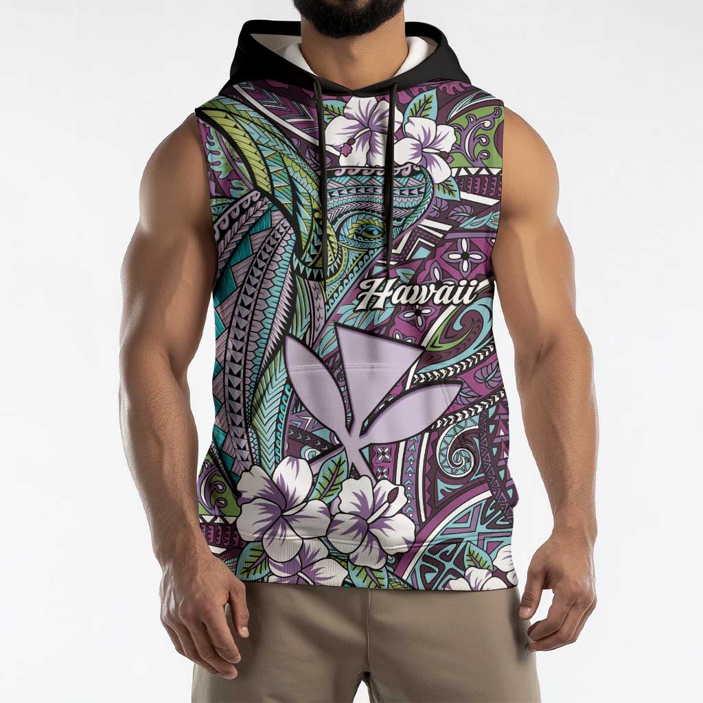 Personalised Hawaii Tribal Humpback Whale Sleeveless Hoodie Poni Hibiscus Seamless Pattern