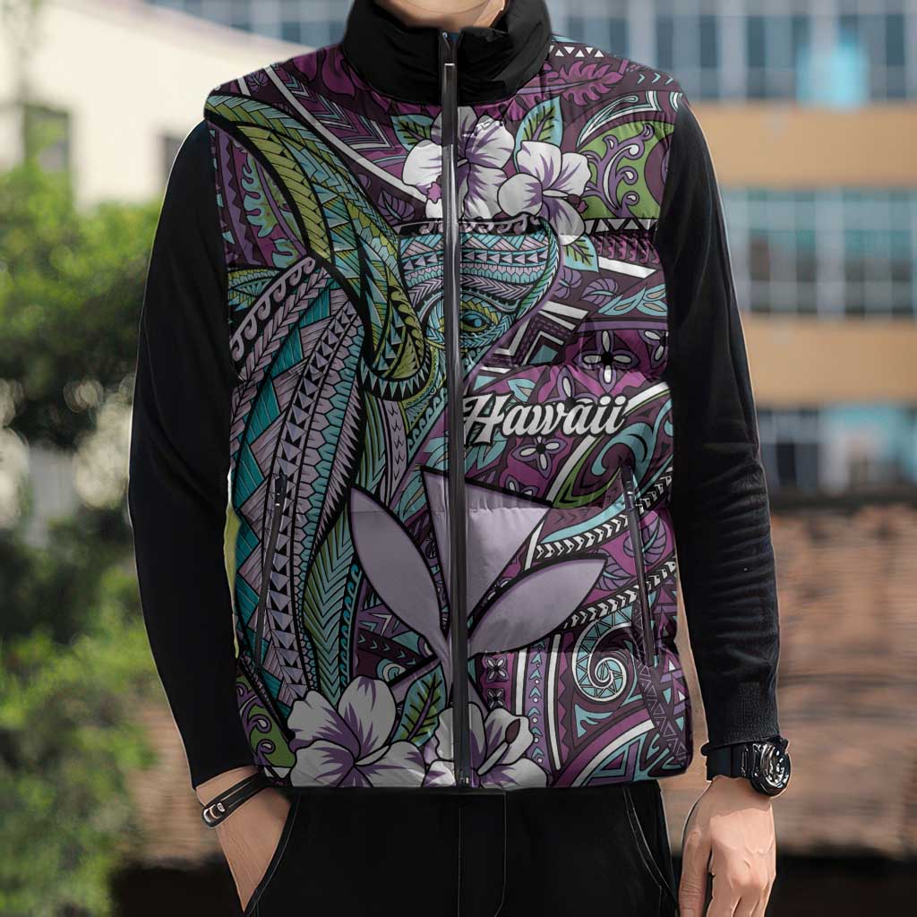 Personalised Hawaii Tribal Humpback Whale Sleeveless Puffer Jacket Poni Hibiscus Seamless Pattern