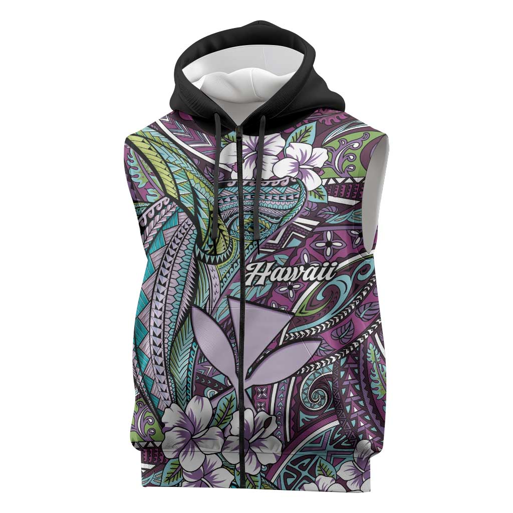 Personalised Hawaii Tribal Humpback Whale Sleeveless Zip Hoodie Poni Hibiscus Seamless Pattern