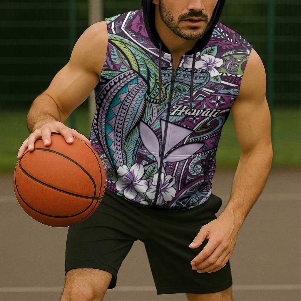 Personalised Hawaii Tribal Humpback Whale Sleeveless Zip Hoodie Poni Hibiscus Seamless Pattern