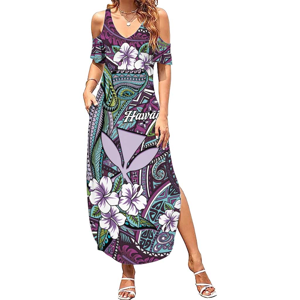 Personalised Hawaii Tribal Humpback Whale Summer Maxi Dress Poni Hibiscus Seamless Pattern LT9 Women Purple - Polynesian Pride
