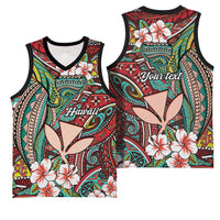 Personalised Hawaii Tribal Humpback Whale Basketball Jersey Ulaula Hibiscus Seamless Pattern