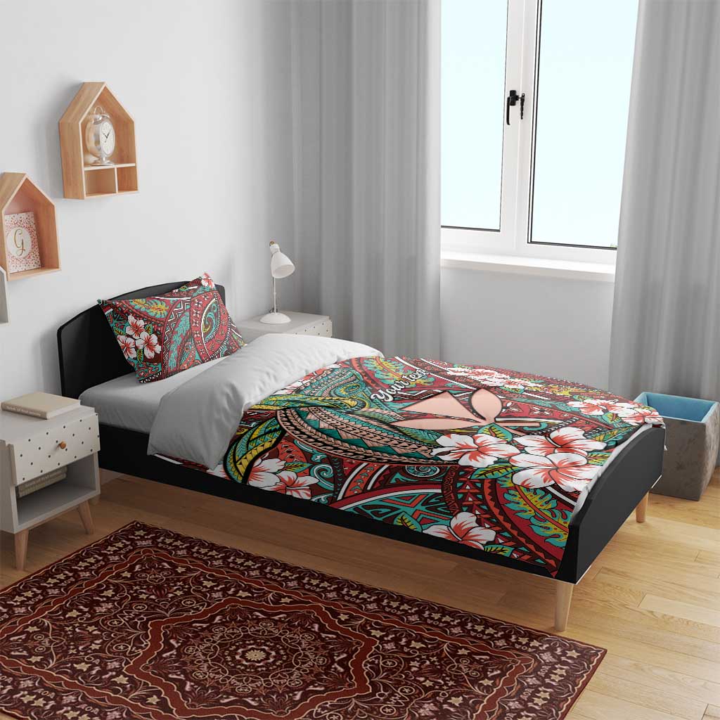 Personalised Hawaii Tribal Humpback Whale Bedding Set Ulaula Hibiscus Seamless Pattern