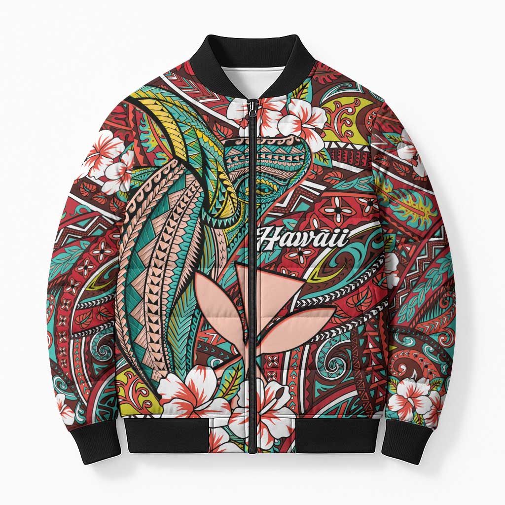 Personalised Hawaii Tribal Humpback Whale Bomber Puffer Jacket Ulaula Hibiscus Seamless Pattern