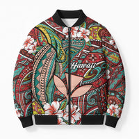 Personalised Hawaii Tribal Humpback Whale Bomber Puffer Jacket Ulaula Hibiscus Seamless Pattern