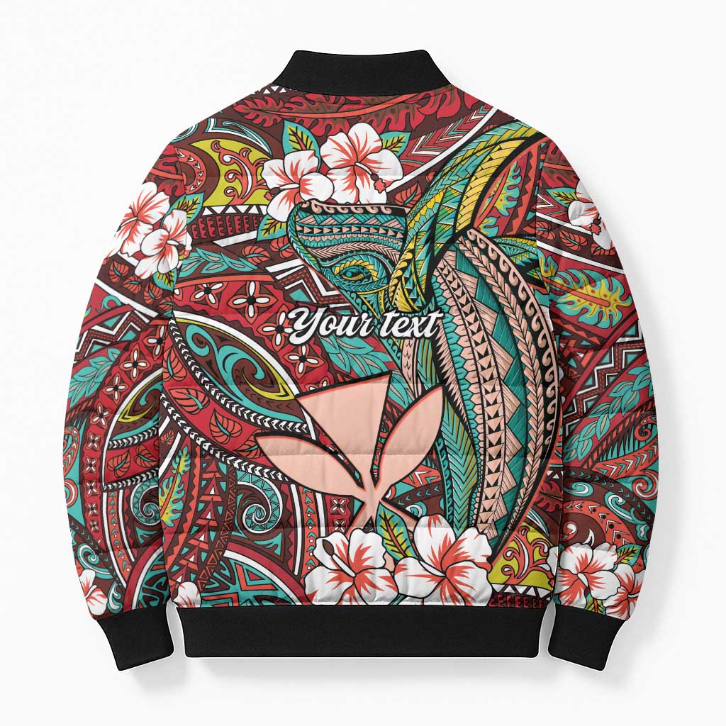 Personalised Hawaii Tribal Humpback Whale Bomber Puffer Jacket Ulaula Hibiscus Seamless Pattern