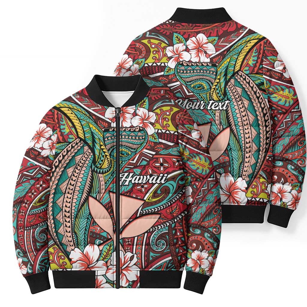 Personalised Hawaii Tribal Humpback Whale Bomber Puffer Jacket Ulaula Hibiscus Seamless Pattern