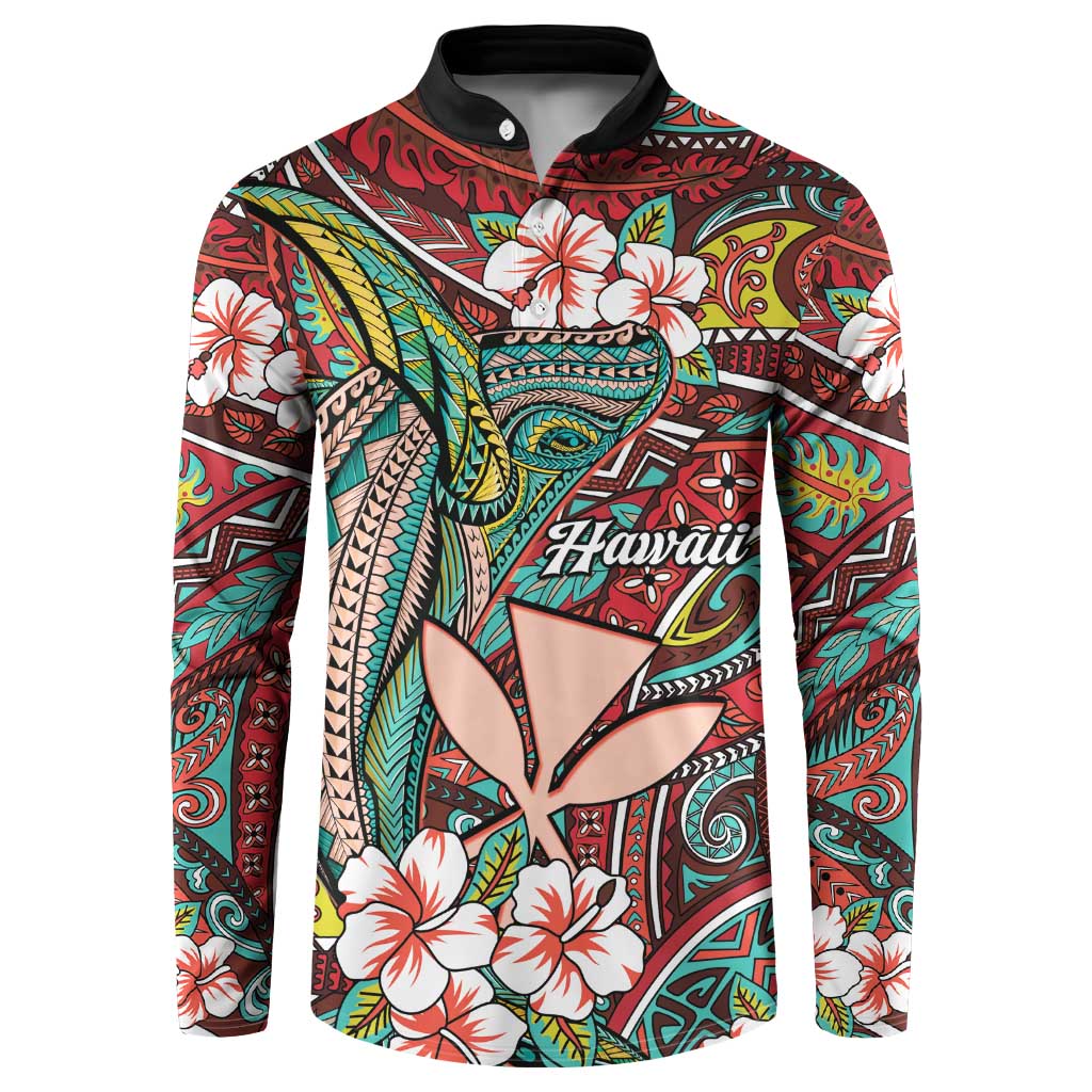 Personalised Hawaii Tribal Humpback Whale Button Sweatshirt Ulaula Hibiscus Seamless Pattern