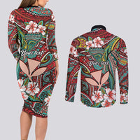 Personalised Hawaii Tribal Humpback Whale Couples Matching Long Sleeve Bodycon Dress and Long Sleeve Button Shirt Ulaula Hibiscus Seamless Pattern