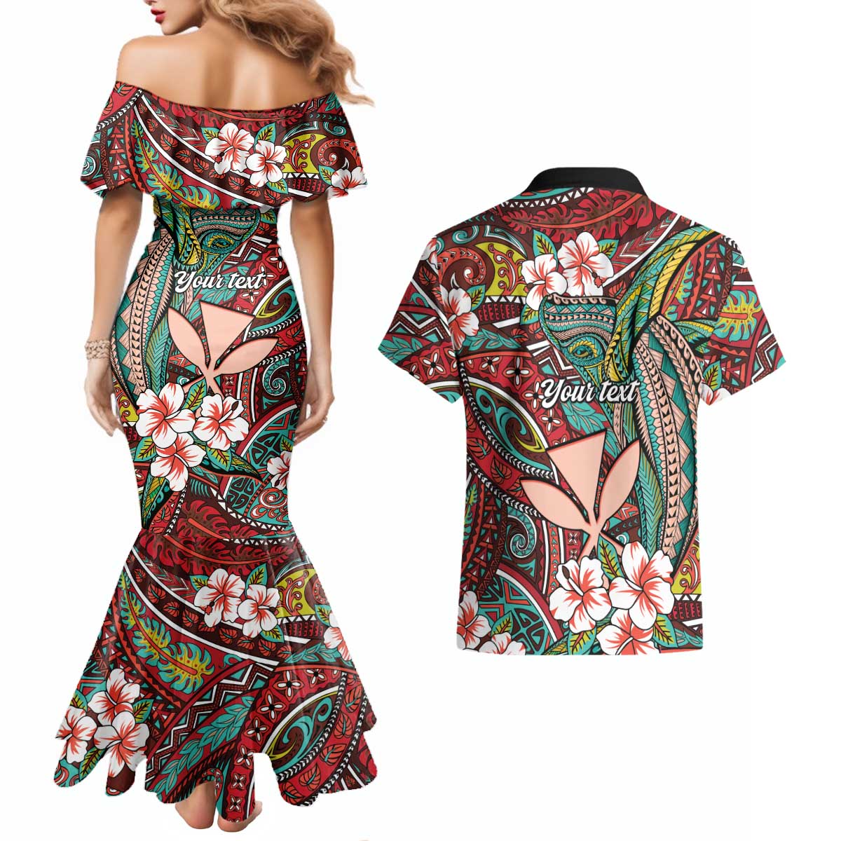 Personalised Hawaii Tribal Humpback Whale Couples Matching Mermaid Dress and Hawaiian Shirt Ulaula Hibiscus Seamless Pattern