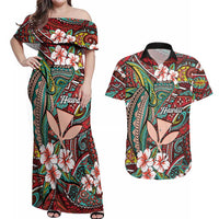 Personalised Hawaii Tribal Humpback Whale Couples Matching Off Shoulder Maxi Dress and Hawaiian Shirt Ulaula Hibiscus Seamless Pattern