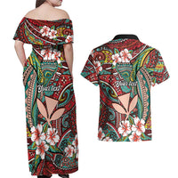 Personalised Hawaii Tribal Humpback Whale Couples Matching Off Shoulder Maxi Dress and Hawaiian Shirt Ulaula Hibiscus Seamless Pattern