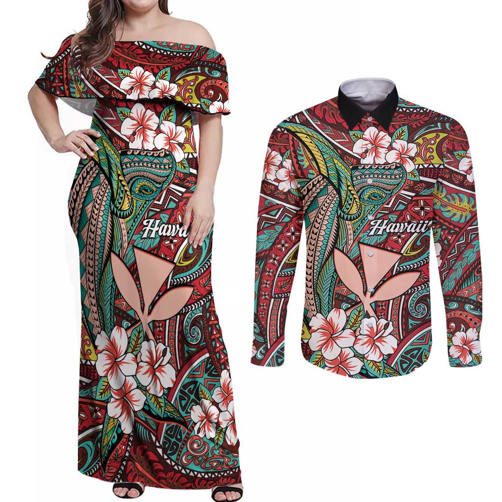 Personalised Hawaii Tribal Humpback Whale Couples Matching Off Shoulder Maxi Dress and Long Sleeve Button Shirt Ulaula Hibiscus Seamless Pattern