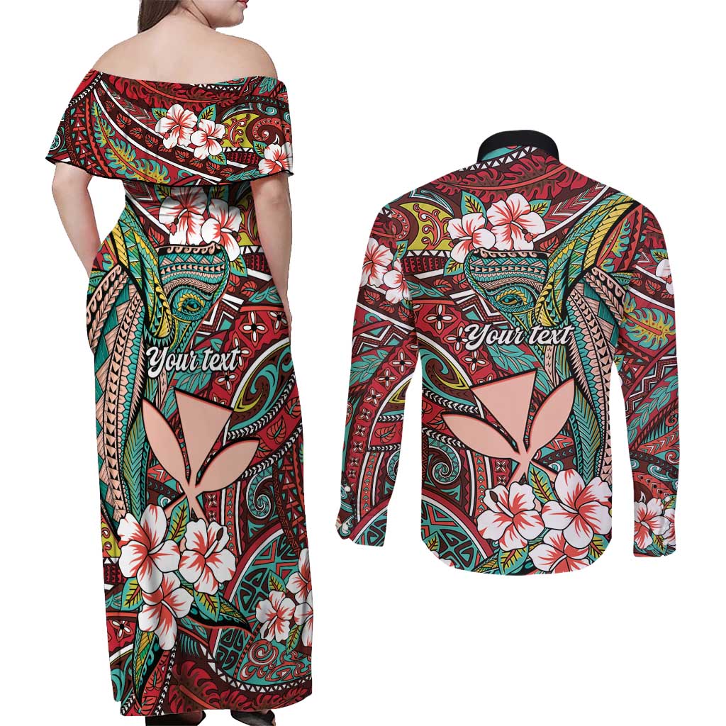 Personalised Hawaii Tribal Humpback Whale Couples Matching Off Shoulder Maxi Dress and Long Sleeve Button Shirt Ulaula Hibiscus Seamless Pattern