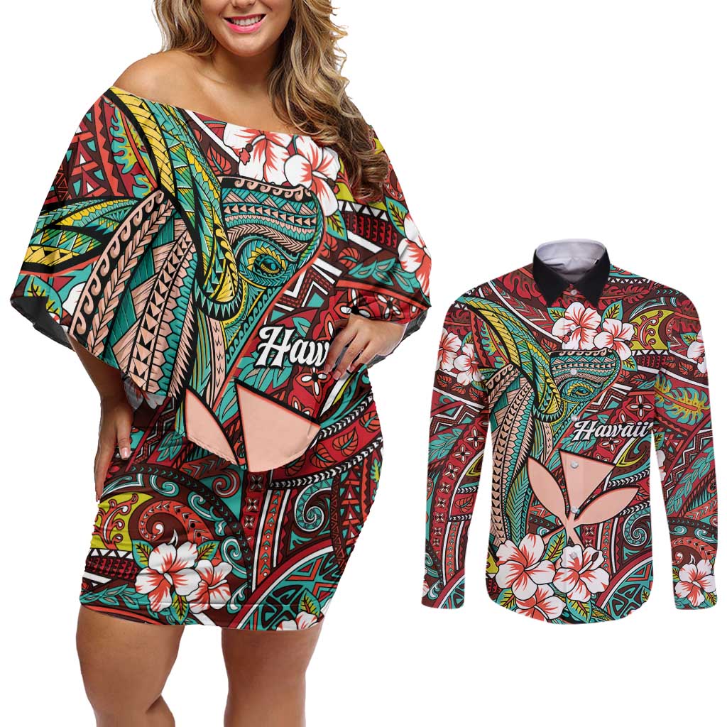Personalised Hawaii Tribal Humpback Whale Couples Matching Off Shoulder Short Dress and Long Sleeve Button Shirt Ulaula Hibiscus Seamless Pattern