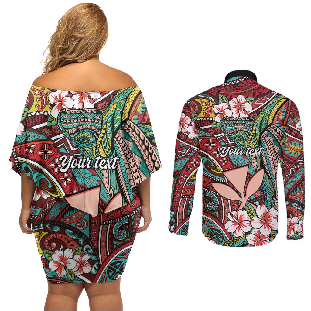 Personalised Hawaii Tribal Humpback Whale Couples Matching Off Shoulder Short Dress and Long Sleeve Button Shirt Ulaula Hibiscus Seamless Pattern