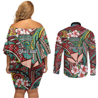 Personalised Hawaii Tribal Humpback Whale Couples Matching Off Shoulder Short Dress and Long Sleeve Button Shirt Ulaula Hibiscus Seamless Pattern