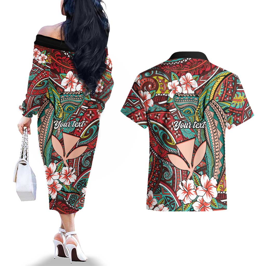 Personalised Hawaii Tribal Humpback Whale Couples Matching Off The Shoulder Long Sleeve Dress and Hawaiian Shirt Ulaula Hibiscus Seamless Pattern