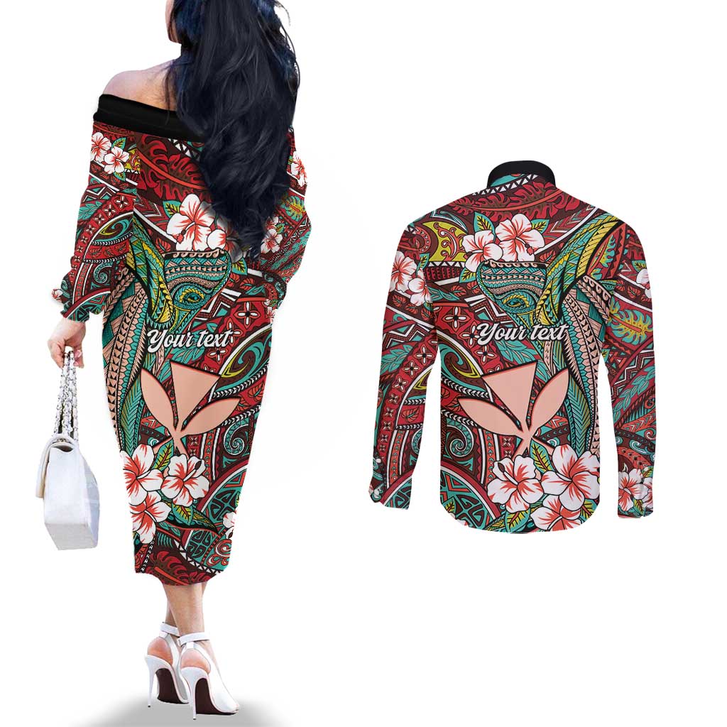 Personalised Hawaii Tribal Humpback Whale Couples Matching Off The Shoulder Long Sleeve Dress and Long Sleeve Button Shirt Ulaula Hibiscus Seamless Pattern