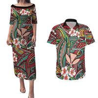 Personalised Hawaii Tribal Humpback Whale Couples Matching Puletasi and Hawaiian Shirt Ulaula Hibiscus Seamless Pattern LT9 Red - Polynesian Pride