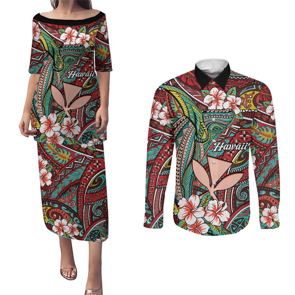 Personalised Hawaii Tribal Humpback Whale Couples Matching Puletasi and Long Sleeve Button Shirt Ulaula Hibiscus Seamless Pattern