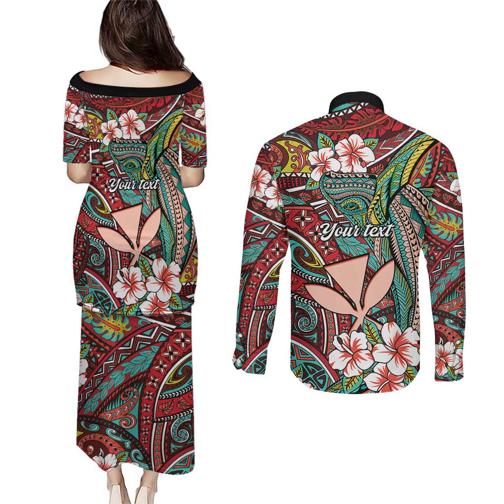 Personalised Hawaii Tribal Humpback Whale Couples Matching Puletasi and Long Sleeve Button Shirt Ulaula Hibiscus Seamless Pattern