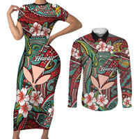 Personalised Hawaii Tribal Humpback Whale Couples Matching Short Sleeve Bodycon Dress and Long Sleeve Button Shirt Ulaula Hibiscus Seamless Pattern