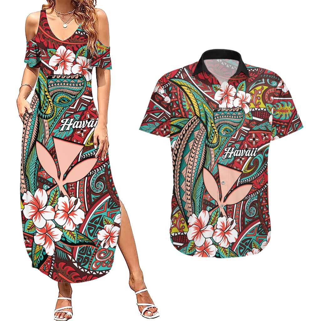 Personalised Hawaii Tribal Humpback Whale Couples Matching Summer Maxi Dress and Hawaiian Shirt Ulaula Hibiscus Seamless Pattern