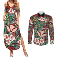 Personalised Hawaii Tribal Humpback Whale Couples Matching Summer Maxi Dress and Long Sleeve Button Shirt Ulaula Hibiscus Seamless Pattern LT9 Red - Polynesian Pride