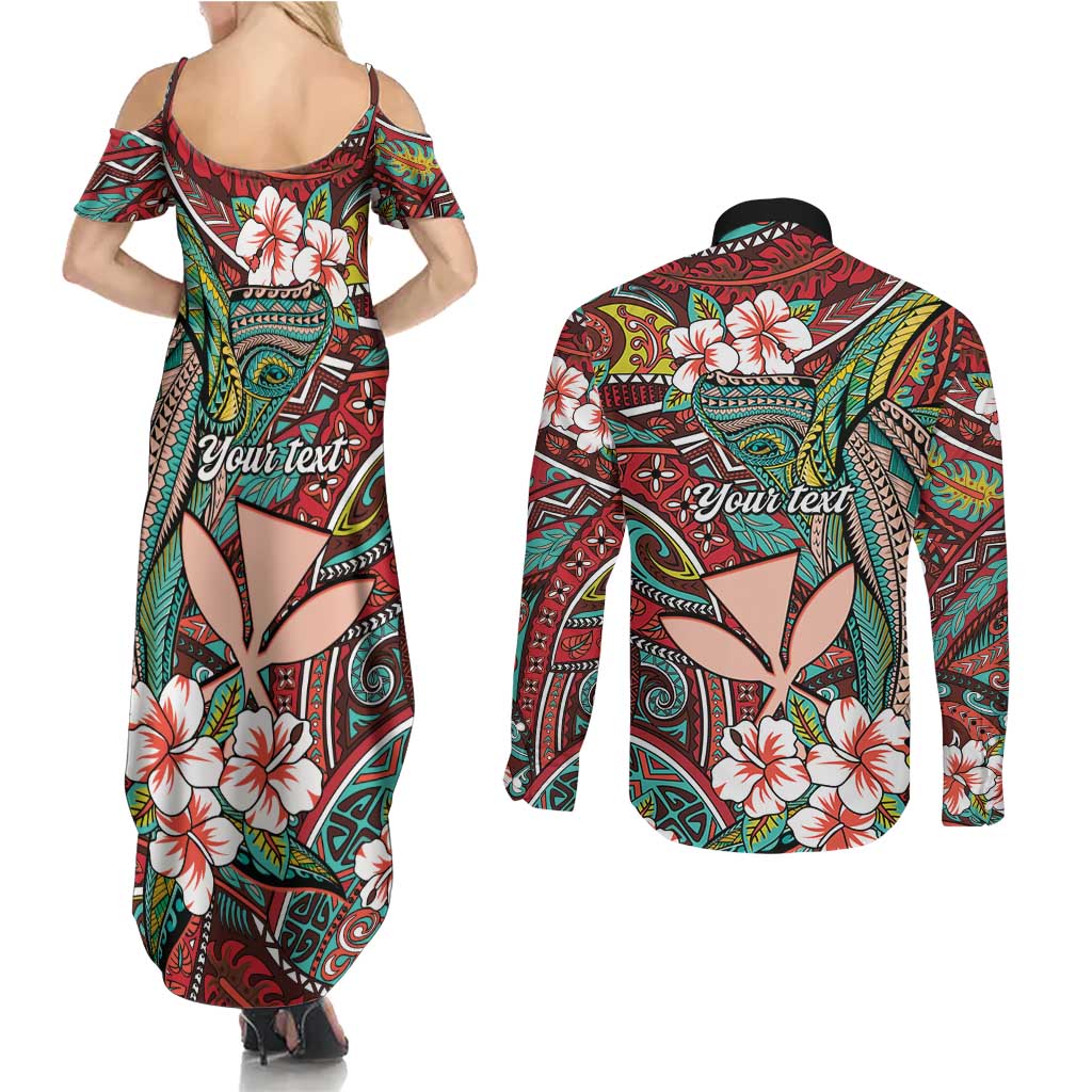 Personalised Hawaii Tribal Humpback Whale Couples Matching Summer Maxi Dress and Long Sleeve Button Shirt Ulaula Hibiscus Seamless Pattern LT9 - Polynesian Pride
