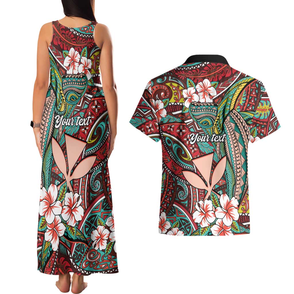 Personalised Hawaii Tribal Humpback Whale Couples Matching Tank Maxi Dress and Hawaiian Shirt Ulaula Hibiscus Seamless Pattern
