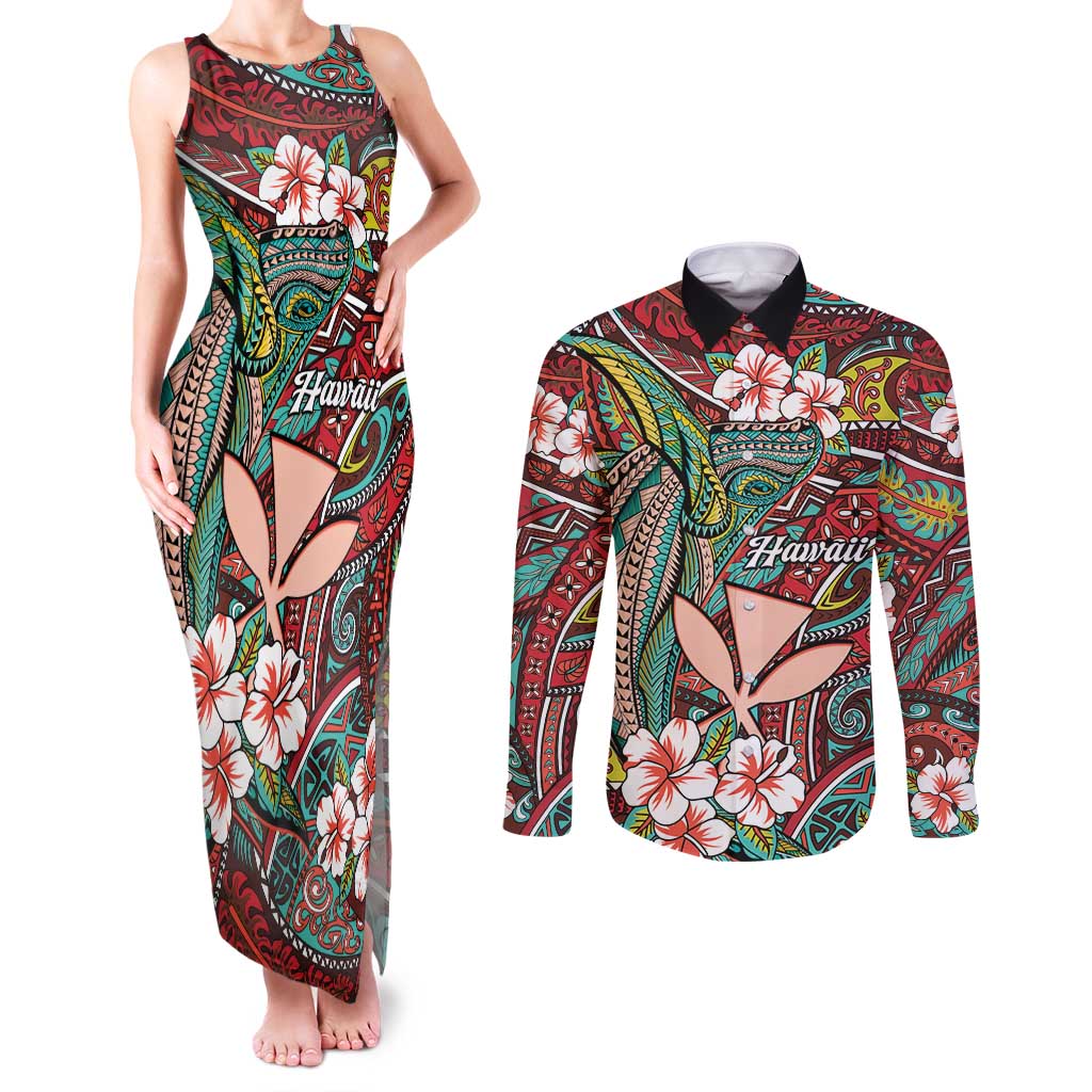 Personalised Hawaii Tribal Humpback Whale Couples Matching Tank Maxi Dress and Long Sleeve Button Shirt Ulaula Hibiscus Seamless Pattern LT9 Red - Polynesian Pride