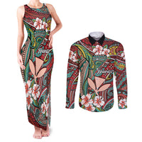 Personalised Hawaii Tribal Humpback Whale Couples Matching Tank Maxi Dress and Long Sleeve Button Shirt Ulaula Hibiscus Seamless Pattern LT9 Red - Polynesian Pride