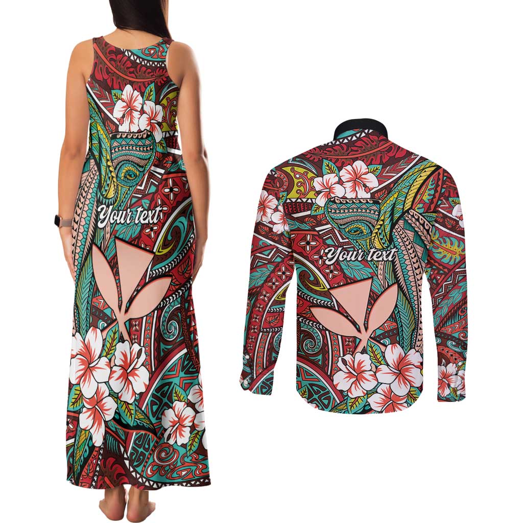 Personalised Hawaii Tribal Humpback Whale Couples Matching Tank Maxi Dress and Long Sleeve Button Shirt Ulaula Hibiscus Seamless Pattern LT9 - Polynesian Pride