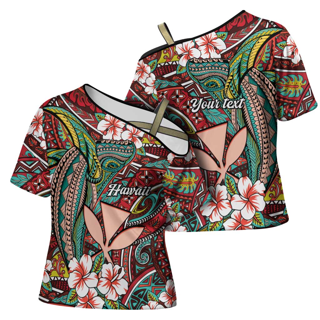 Personalised Hawaii Tribal Humpback Whale Cross Shoulder Shirt Ulaula Hibiscus Seamless Pattern