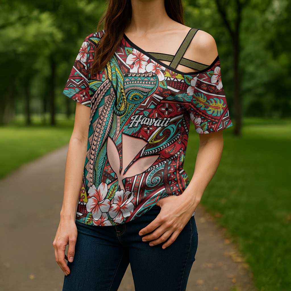 Personalised Hawaii Tribal Humpback Whale Cross Shoulder Shirt Ulaula Hibiscus Seamless Pattern