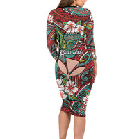 Personalised Hawaii Tribal Humpback Whale Family Matching Long Sleeve Bodycon Dress and Hawaiian Shirt Ulaula Hibiscus Seamless Pattern