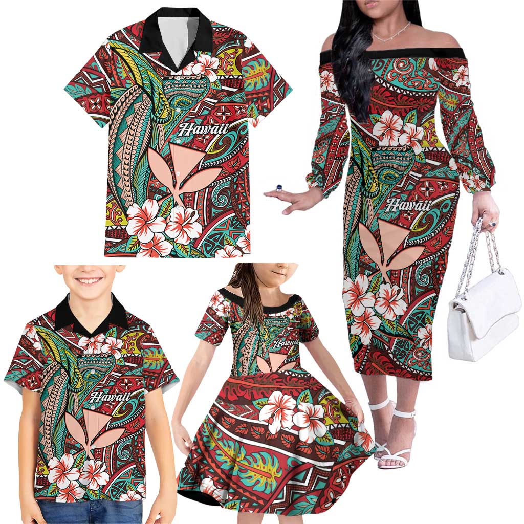 Personalised Hawaii Tribal Humpback Whale Family Matching Off The Shoulder Long Sleeve Dress and Hawaiian Shirt Ulaula Hibiscus Seamless Pattern
