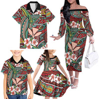 Personalised Hawaii Tribal Humpback Whale Family Matching Off The Shoulder Long Sleeve Dress and Hawaiian Shirt Ulaula Hibiscus Seamless Pattern
