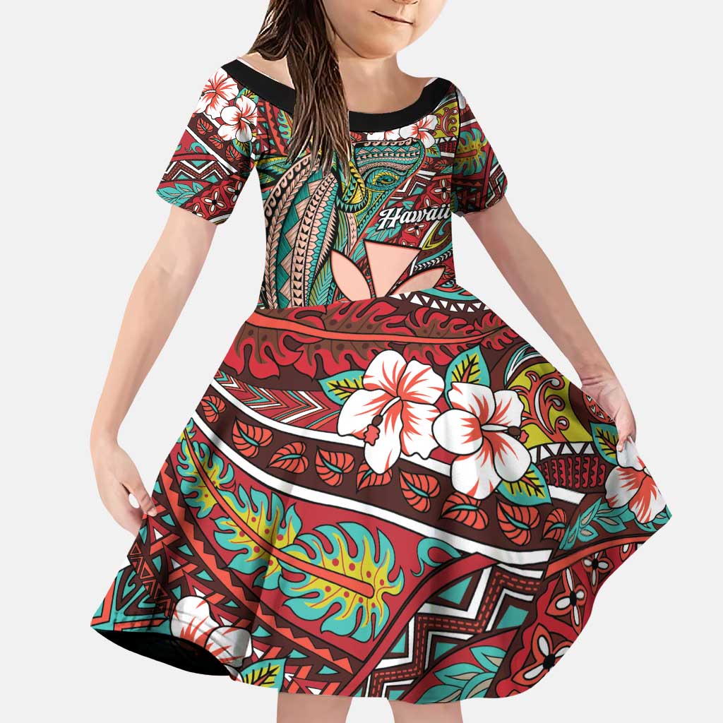 Personalised Hawaii Tribal Humpback Whale Family Matching Off Shoulder Maxi Dress and Hawaiian Shirt Ulaula Hibiscus Seamless Pattern