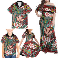 Personalised Hawaii Tribal Humpback Whale Family Matching Off Shoulder Maxi Dress and Hawaiian Shirt Ulaula Hibiscus Seamless Pattern