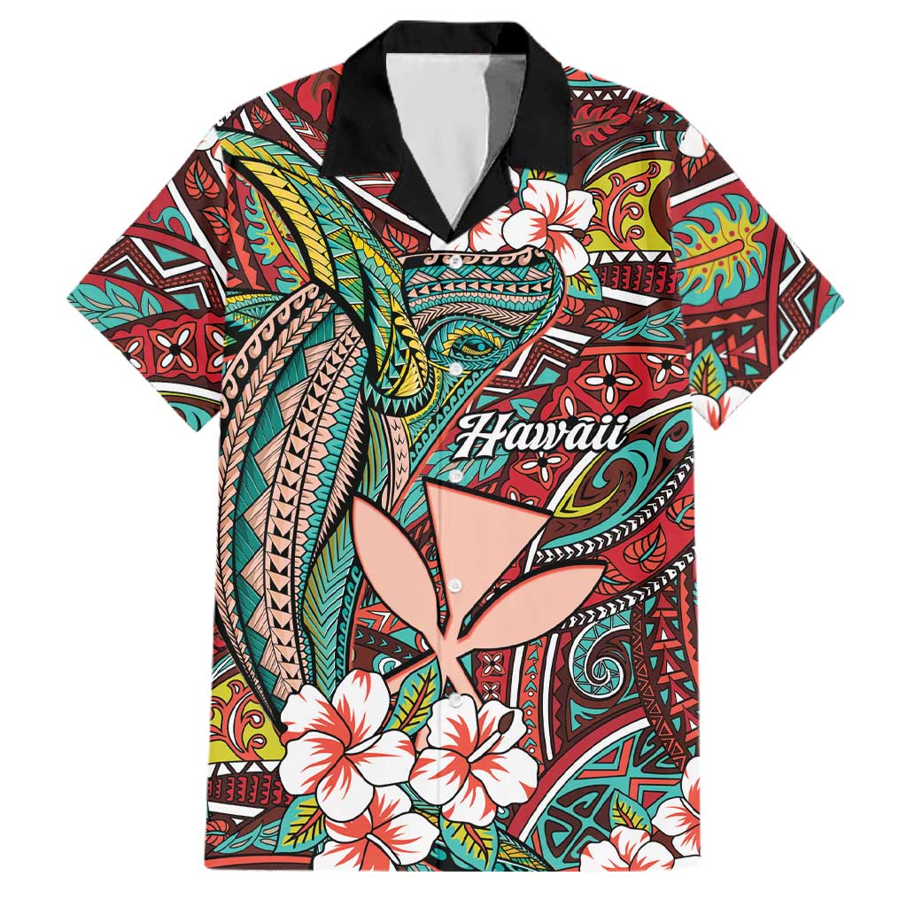 Personalised Hawaii Tribal Humpback Whale Family Matching Off Shoulder Maxi Dress and Hawaiian Shirt Ulaula Hibiscus Seamless Pattern