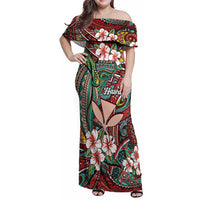 Personalised Hawaii Tribal Humpback Whale Family Matching Off Shoulder Maxi Dress and Hawaiian Shirt Ulaula Hibiscus Seamless Pattern