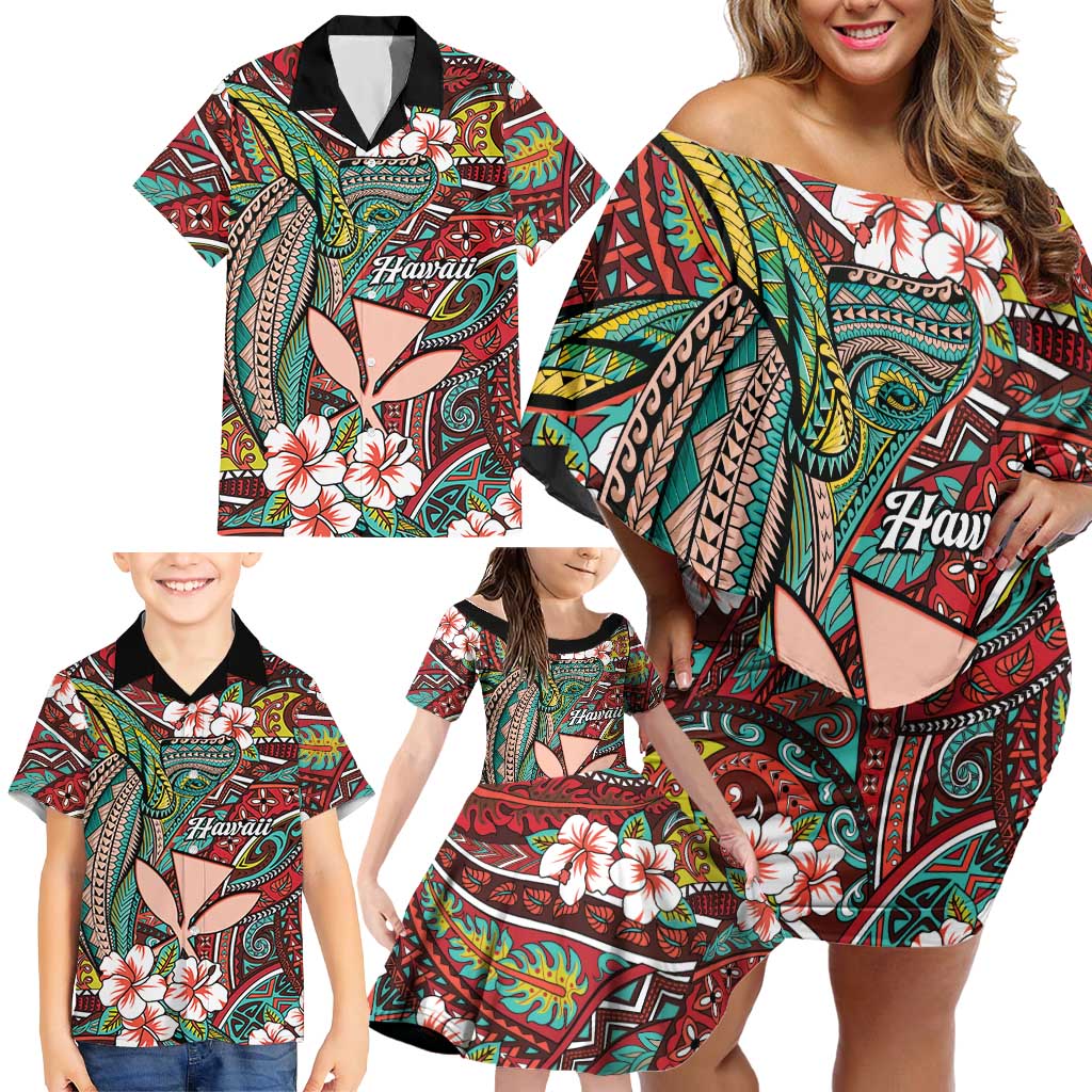 Personalised Hawaii Tribal Humpback Whale Family Matching Off Shoulder Short Dress and Hawaiian Shirt Ulaula Hibiscus Seamless Pattern