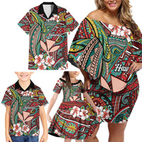 Personalised Hawaii Tribal Humpback Whale Family Matching Off Shoulder Short Dress and Hawaiian Shirt Ulaula Hibiscus Seamless Pattern