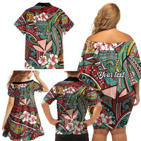Personalised Hawaii Tribal Humpback Whale Family Matching Off Shoulder Short Dress and Hawaiian Shirt Ulaula Hibiscus Seamless Pattern