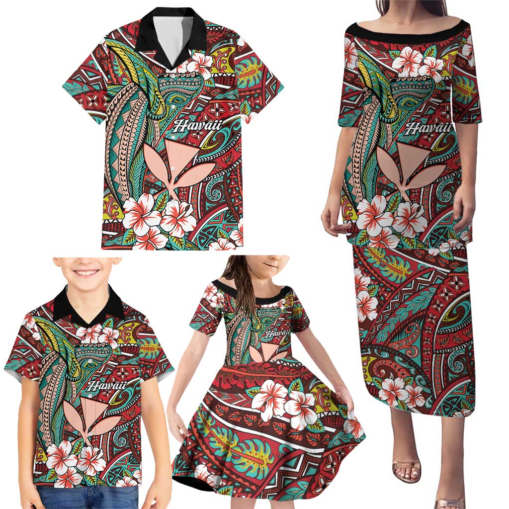 Personalised Hawaii Tribal Humpback Whale Family Matching Puletasi and Hawaiian Shirt Ulaula Hibiscus Seamless Pattern